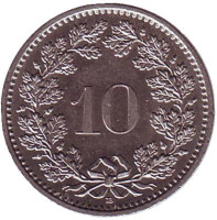 Монета 10 раппенов. 1989 год, Швейцария.