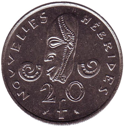 Монета 20 франков. 1967 год, Новые Гебриды. Маска.
