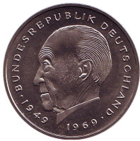Конрад Аденауэр. Монета 2 марки. 1980 год (G), ФРГ. UNC.