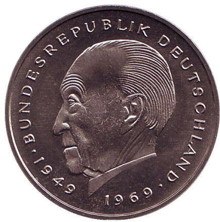 Монета 2 марки. 1980 год (G), ФРГ. UNC. Конрад Аденауэр.