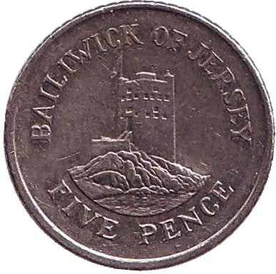 Монета 5 пенсов, 1998 год, Джерси. Башня Сеймура в Гровилле.