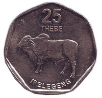 Дикий бык (зебу). Монета 25 тхебе. 1999 год, Ботсвана.