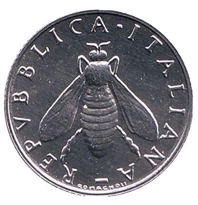 Монета 2 лиры. 1998 год, Италия. BU. Медоносная пчела.