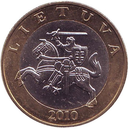 Монета 2 лита. 2010 год, Литва. Из обращения. Рыцарь.