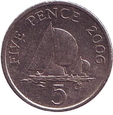 Монета 5 пенсов, 2006 год, Гернси. Парусники.