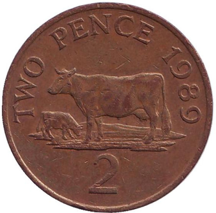 Монета 2 пенса, 1989 год, Гернси. Корова.