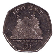 Монета 50 пенсов. 2013 год, Гибралтар. Захват Гибралтара в 1704 году. Монета 50 пенсов. 2013 год, Гибралтар. Захват Гибралтара в 1704 году.