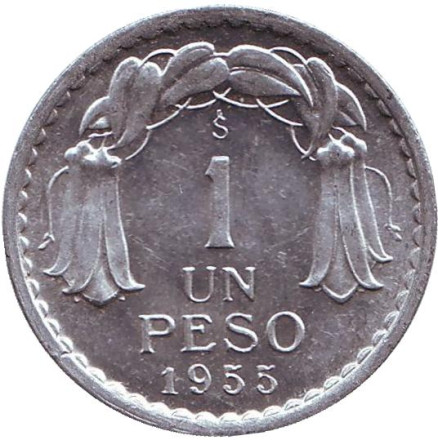 Монета 1 песо. 1955 год, Чили. aUNC. Бернардо О’Хиггинс.