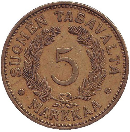 Монета 5 марок. 1936 год, Финляндия.