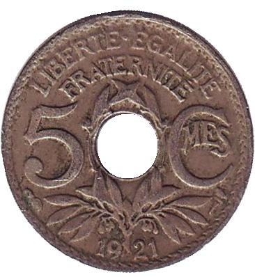 Монета 5 сантимов. 1921 год, Франция.