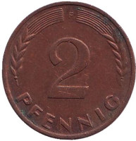 Дубовые листья. Монета 2 пфеннига. 1968 год (F), ФРГ. (сталь, медь)