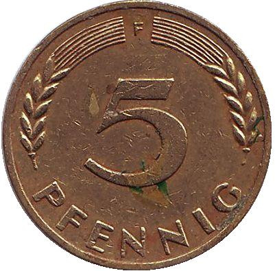 Монета 5 пфеннигов. 1968 год (F), ФРГ. Дубовые листья.