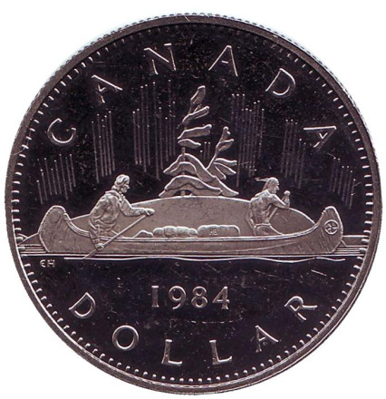 Монета 1 доллар. 1984 год, Канада. Proof. Индейцы в каноэ.