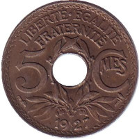 Монета 5 сантимов. 1927 год, Франция.
