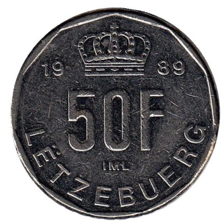 Монета 50 франков. 1989 год, Люксембург. (Новый тип)
