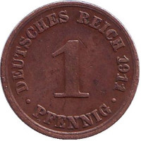 Монета 1 пфенниг. 1911 год (A), Германская империя.