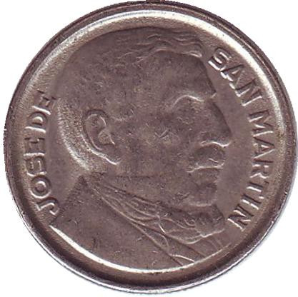 Монета 10 сентаво. 1950 год, Аргентина. 100 лет со дня смерти Хосе де Сан Мартина.