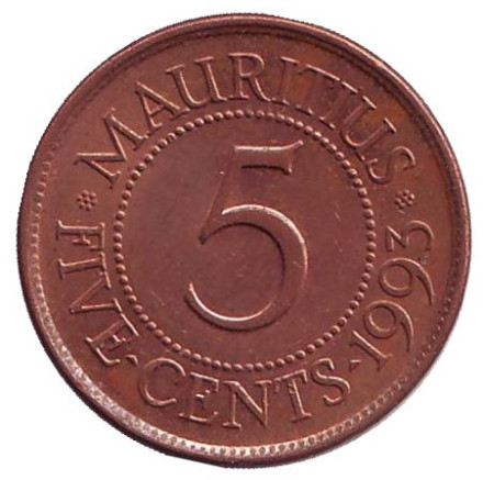 Монета 5 центов. 1993 год, Маврикий.