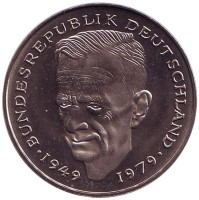 Курт Шумахер. Монета 2 марки. 1980 год (G), ФРГ. UNC.