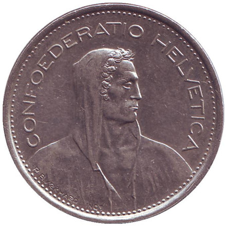 Монета 5 франков. 1970 год, Швейцария. Вильгельм Телль.