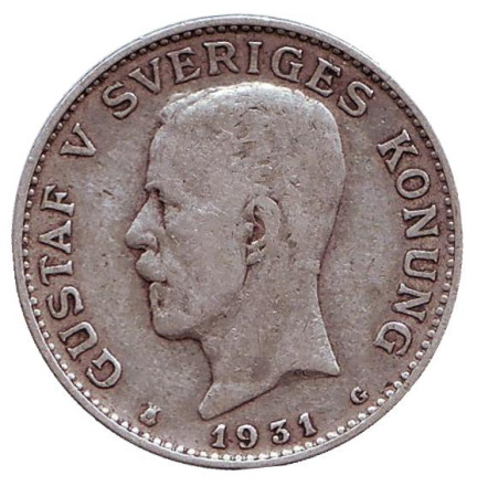 Монета 1 крона. 1931 год, Швеция. Густав V.