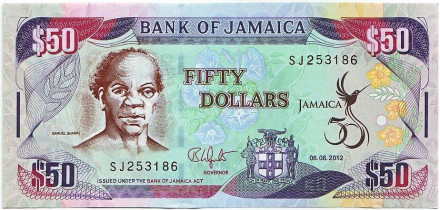 Банкнота 50 долларов. 2012 год, Ямайка. 50 лет независимости.