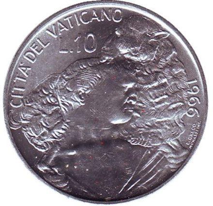 Монета 10 лир. 1966 год, Ватикан. Шепард с овцой на плечах. Папа Павел VI.