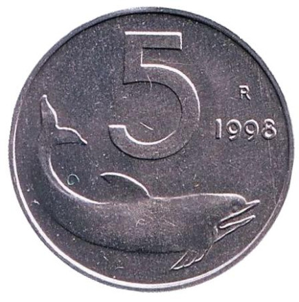 Монета 5 лир. 1998 год, Италия. UNC Дельфин. Судовой руль.