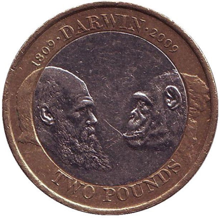 Монета 2 фунта. 2009 год, Великобритания. 200 лет со дня рождения Чарльза Дарвина.