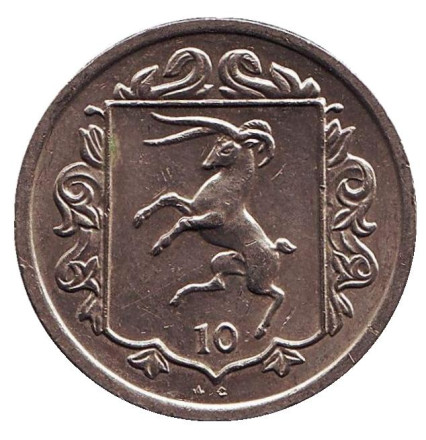 Монета 10 пенсов. 1984 год, Остров Мэн. (Отметка "AC"). Мэнский лохтан.