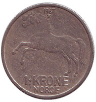 Монета 1 крона. 1967 год, Норвегия. Лошадь. Монета 1 крона. 1967 год, Норвегия. Лошадь.