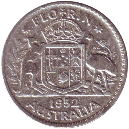 Монета 2 шиллинга (флорин). 1952 год, Австралия.