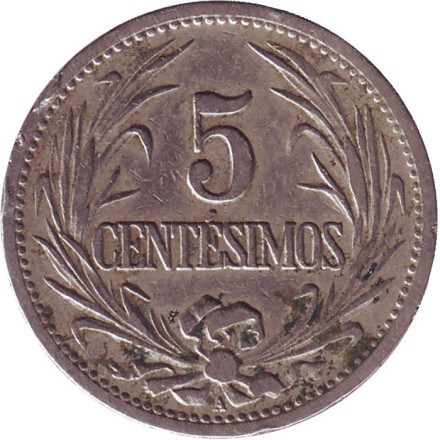 Монета 5 сентесимо. 1901 год, Уругвай.