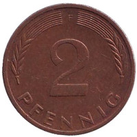 Дубовые листья. Монета 2 пфеннига. 1972 год (F), ФРГ. 