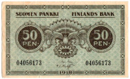 Банкнота 50 пенни. 1918 год, Финляндия. Банкнота 50 пенни. 1918 год, Финляндия.