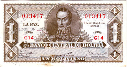 Банкнота 1 боливиано. 1928 год, Боливия. (Эмиссия 1951). Номер 128b. Симон Боливар.