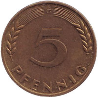 Дубовые листья. Монета 5 пфеннигов. 1969 год (G), ФРГ.