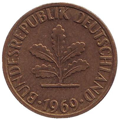 Монета 5 пфеннигов. 1969 год (G), ФРГ. Дубовые листья. Монета 5 пфеннигов. 1969 год (G), ФРГ. Дубовые листья.