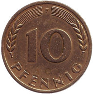 Монета 10 пфеннигов. 1966 год (F), ФРГ. Дубовые листья. Монета 10 пфеннигов. 1966 год (F), ФРГ. Дубовые листья.