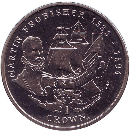 Монета 1 крона, 2001 год, Остров Мэн. Сэр Мартин Фробишер (1535-1594).