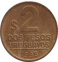 Монета 2 песо. 1998 год, Уругвай.