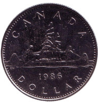 Индейцы в каноэ. Монета 1 доллар. 1986 год, Канада. 