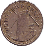 Монета 25 центов. 1973 год, Барбадос. Сахарная мельница Моргана Льюиса. Монета 25 центов. 1973 год, Барбадос. Сахарная мельница Моргана Льюиса.