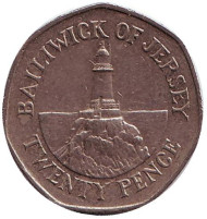 Монета 20 пенсов. 2002 год, Джерси. Маяк в Ла-Корбьере. Монета 20 пенсов. 2002 год, Джерси. Маяк в Ла-Корбьере.