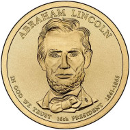 16-й президент США. Авраам Линкольн. Монетный двор P. 1 доллар, 2010 год, США. 16-й президент США. Авраам Линкольн. Монетный двор P. 1 доллар, 2010 год, США.