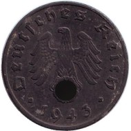 Монета 1 рейхспфенниг. 1943 год, Германия (Третий Рейх). (A). Монета 1 рейхспфенниг. 1943 год, Германия (Третий Рейх). (A).
