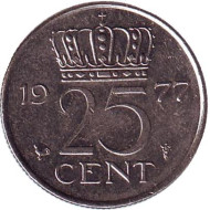 Монета 25 центов. 1977 год, Нидерланды. Монета 25 центов. 1977 год, Нидерланды.