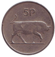 Монета 5 пенсов. 1969 год, Ирландия. Бык. Ирландская арфа. Монета 5 пенсов. 1969 год, Ирландия. Бык. Ирландская арфа.