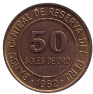 Монета 50 солей. 1982 год, Перу. (Без отметки монетного двора) Монета 50 солей. 1982 год, Перу. (Без отметки монетного двора)
