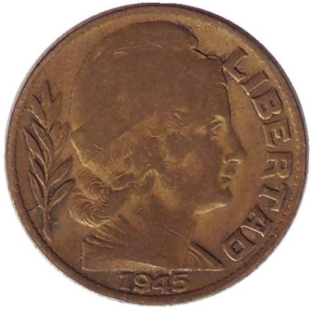 Монета 20 сентаво. 1945 год, Аргентина. Монета 20 сентаво. 1945 год, Аргентина.